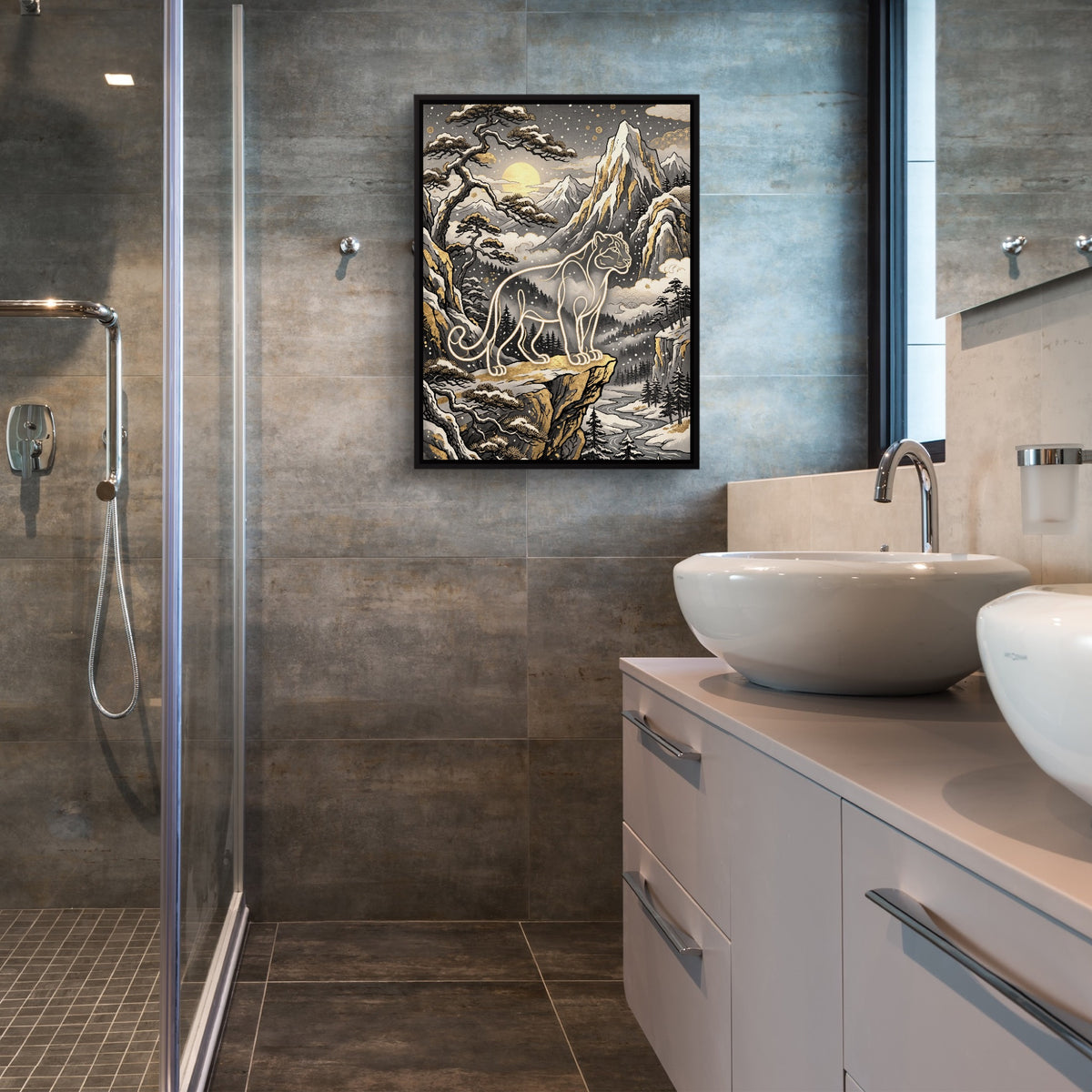 Glowing Puma Mountain — glowing puma mountain sq bathroom 1port framed black