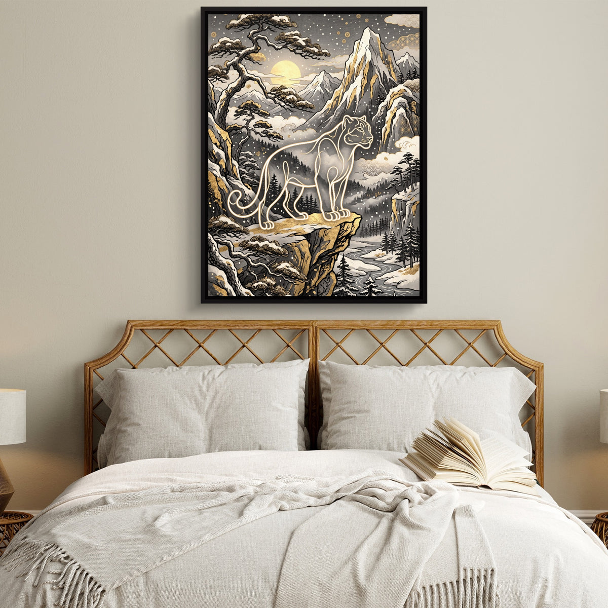 Glowing Puma Mountain — glowing puma mountain sq white bedroom 1port framed black