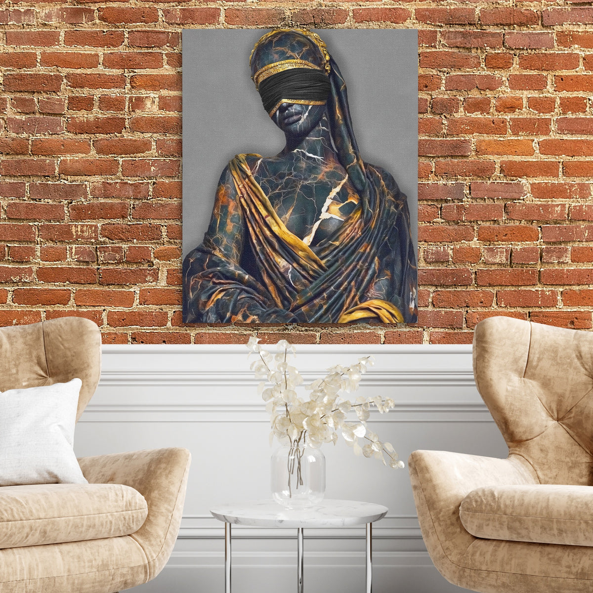 Goddess Gold Veiled — Goddess Gold Veiled Two Chairs and Brick Wall 336