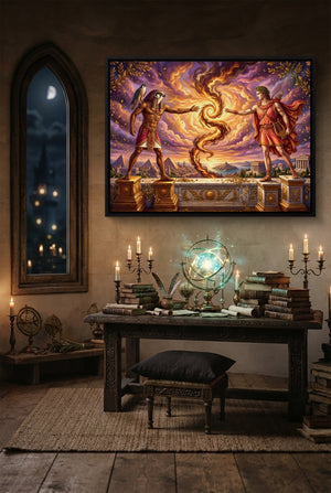 Gods Cosmic Fire — gods cosmic fire p desk with globe and books 1land framed black