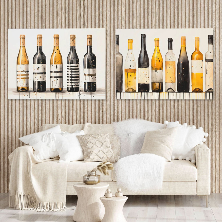 Gold and Black Wine Bottles (2) Set in a living room