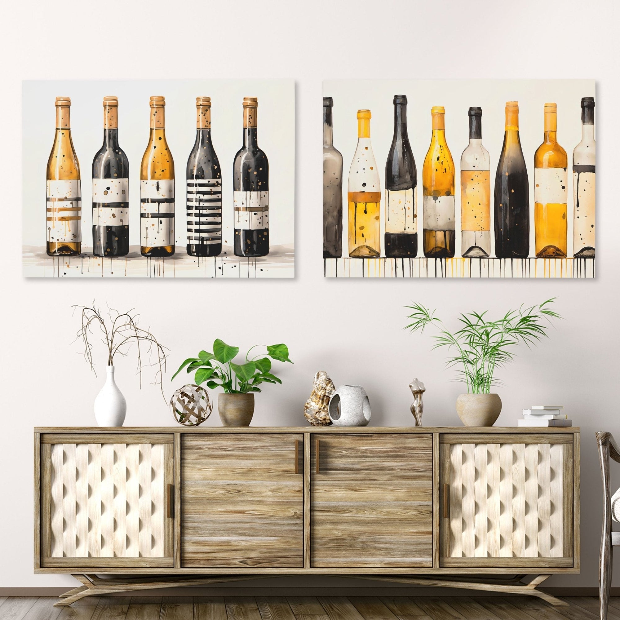 Gold and Black Wine Bottles (2) Set - Luxury Wall Art