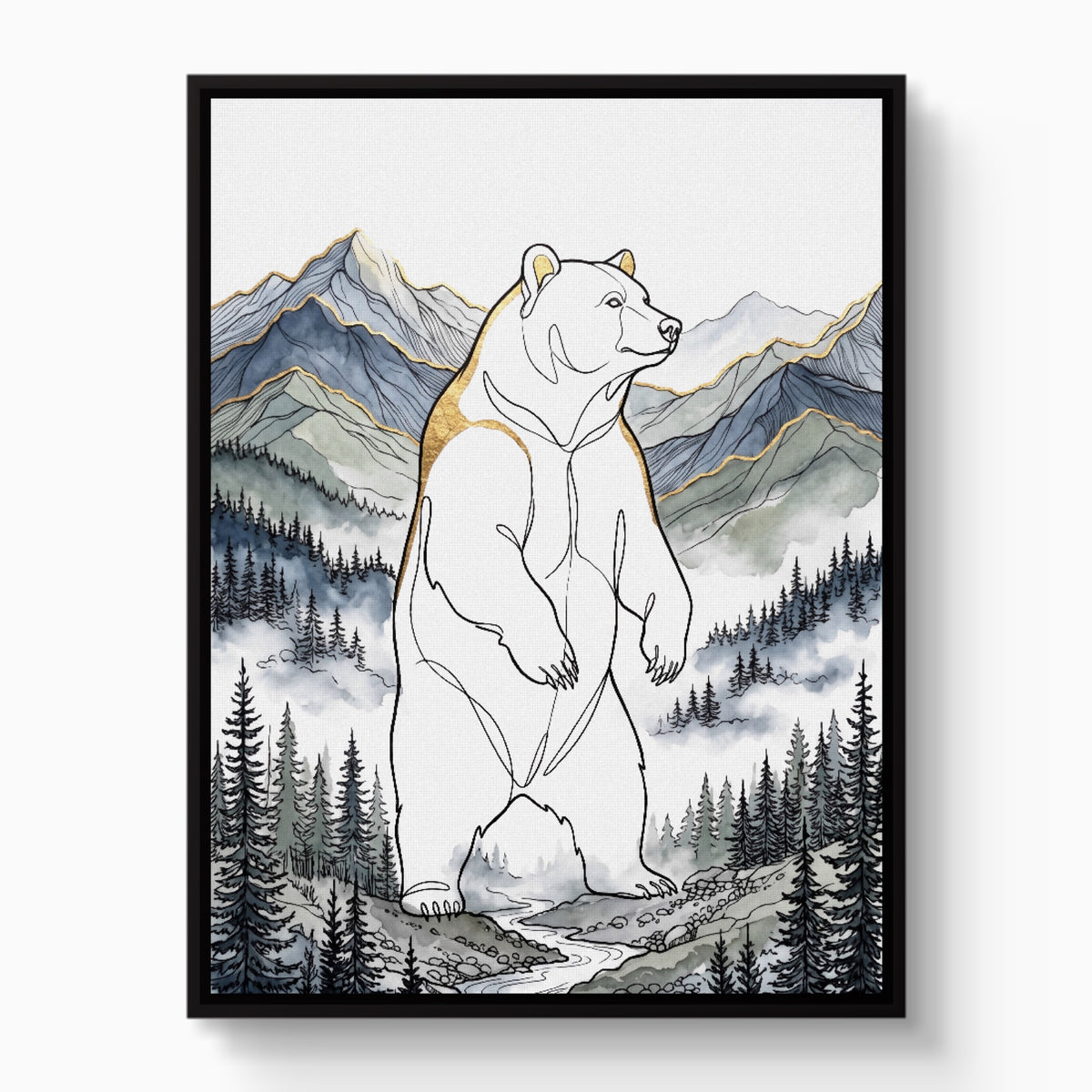 Golden Bear Standing — golden bear standing white studio framed black