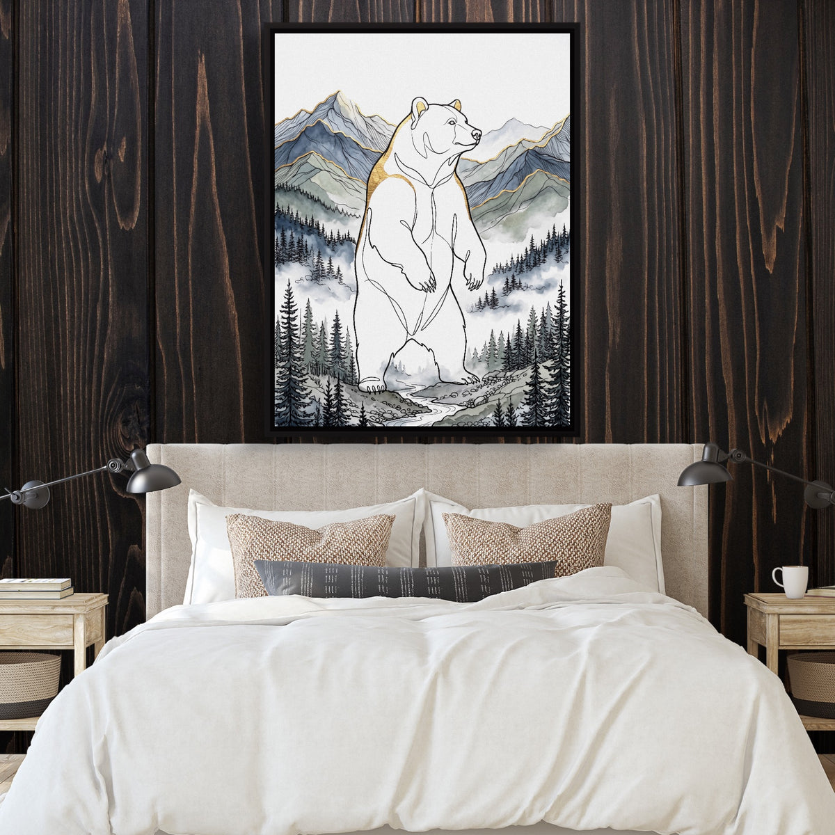 Golden Bear Standing — golden bear standing sq bedroom with wood walls 1port framed black