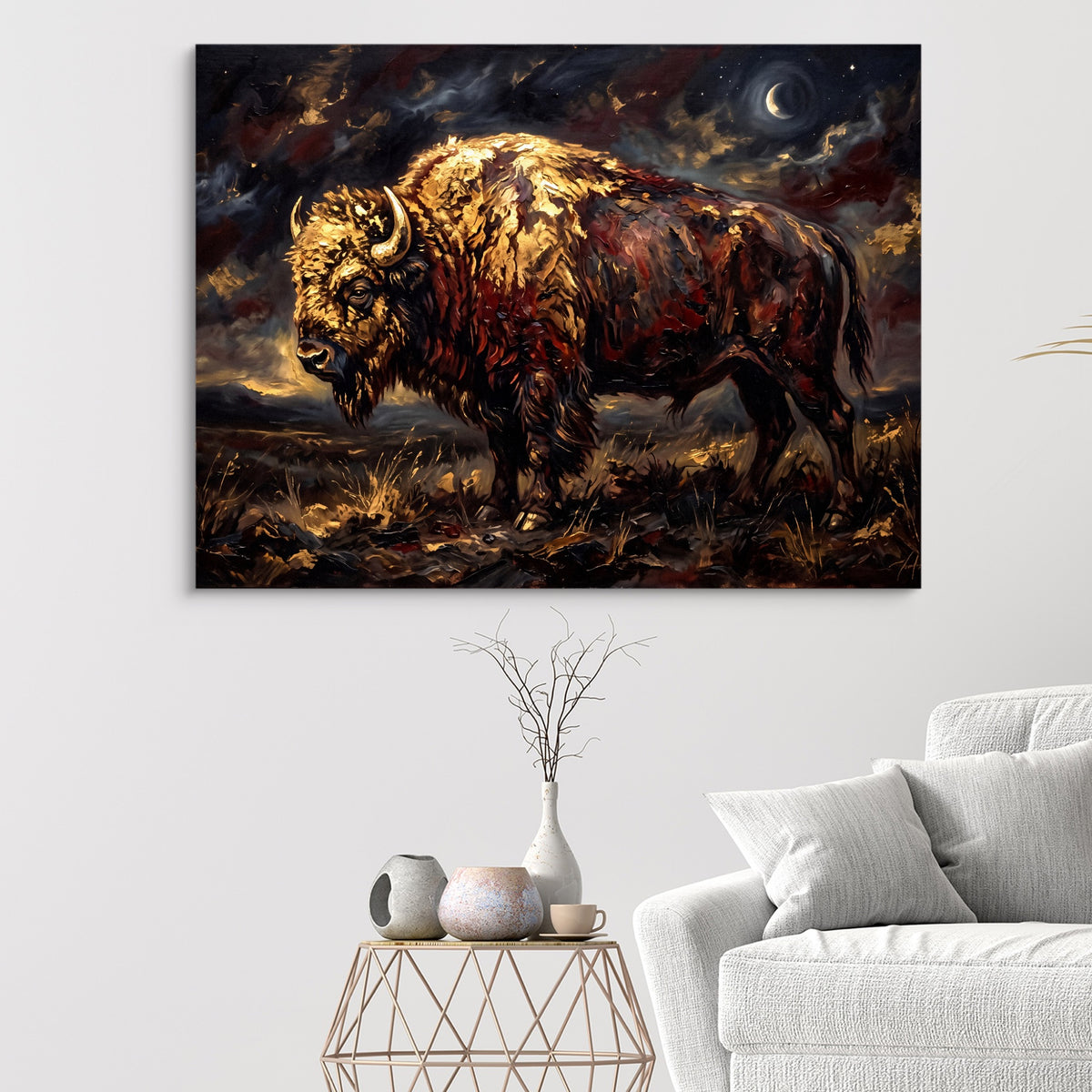 Golden Bison Moonlight — golden bison moonlight sq white walls 1land flush print