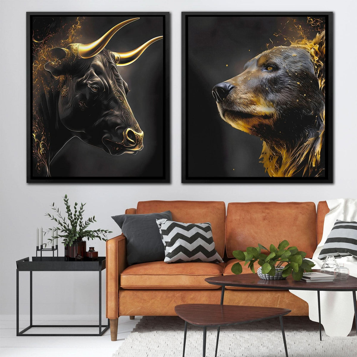 bull & bear digital prints, stock market art, wall... Golden Bull and Bear Wall Art | Stock Market Canvas Print