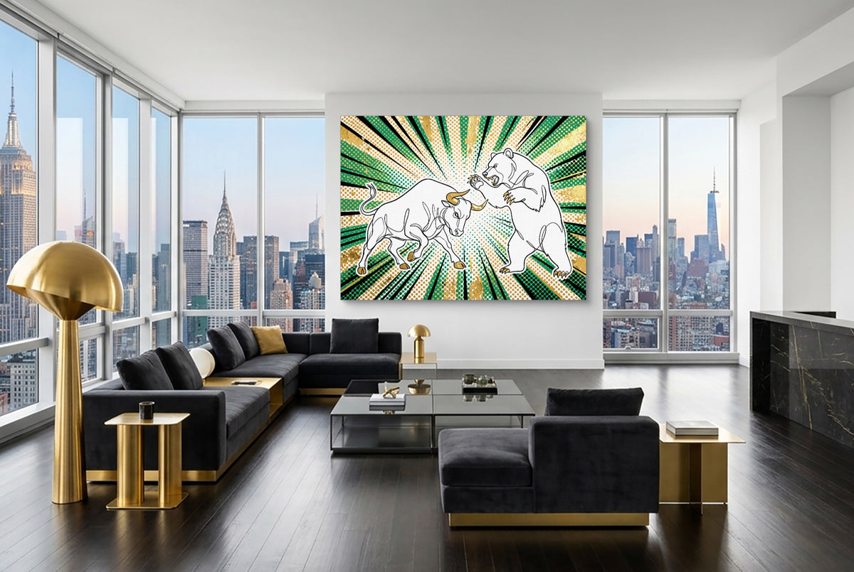 Golden Bull Bear — golden bull bear modern living room interior 4 1land flush print