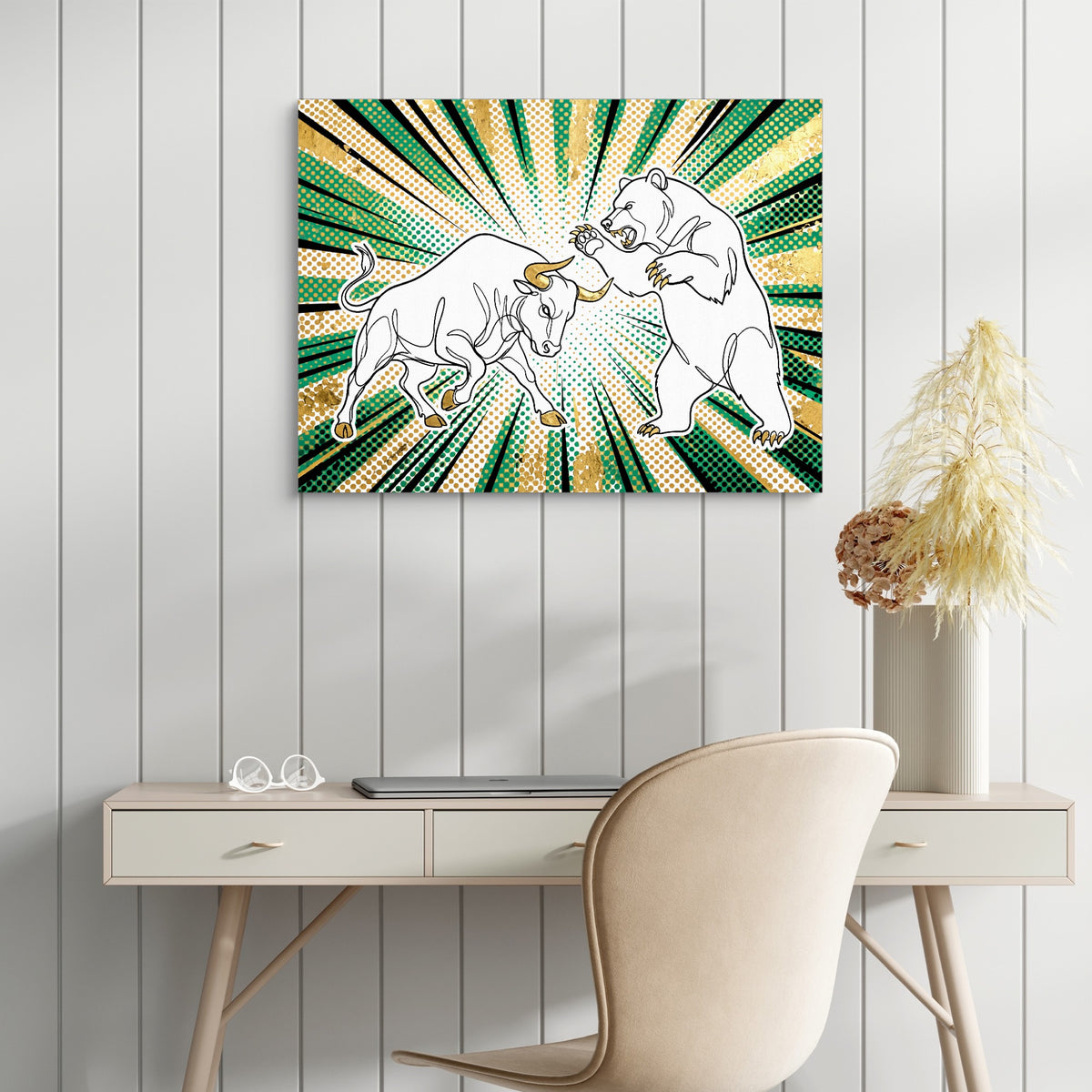 Golden Bull Bear — golden bull bear sq white table 1land flush print