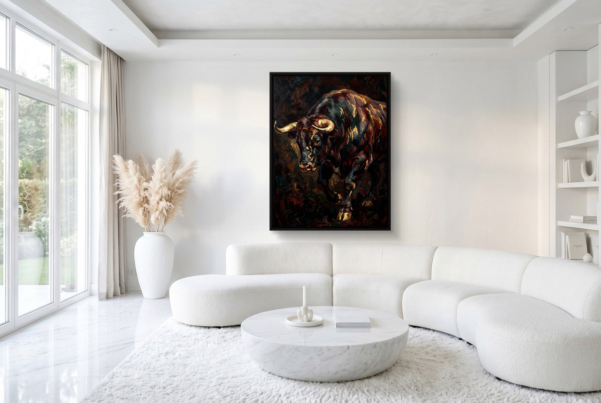 Golden Bull Charge — golden bull charge white room with furniture 1port framed black