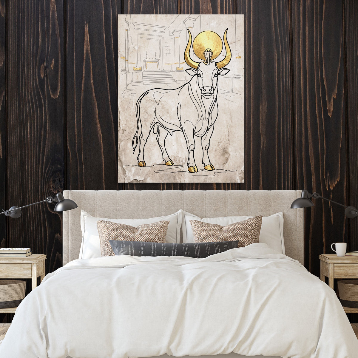 Golden Bull Temple — golden bull temple sq bedroom with wood walls 1port flush print