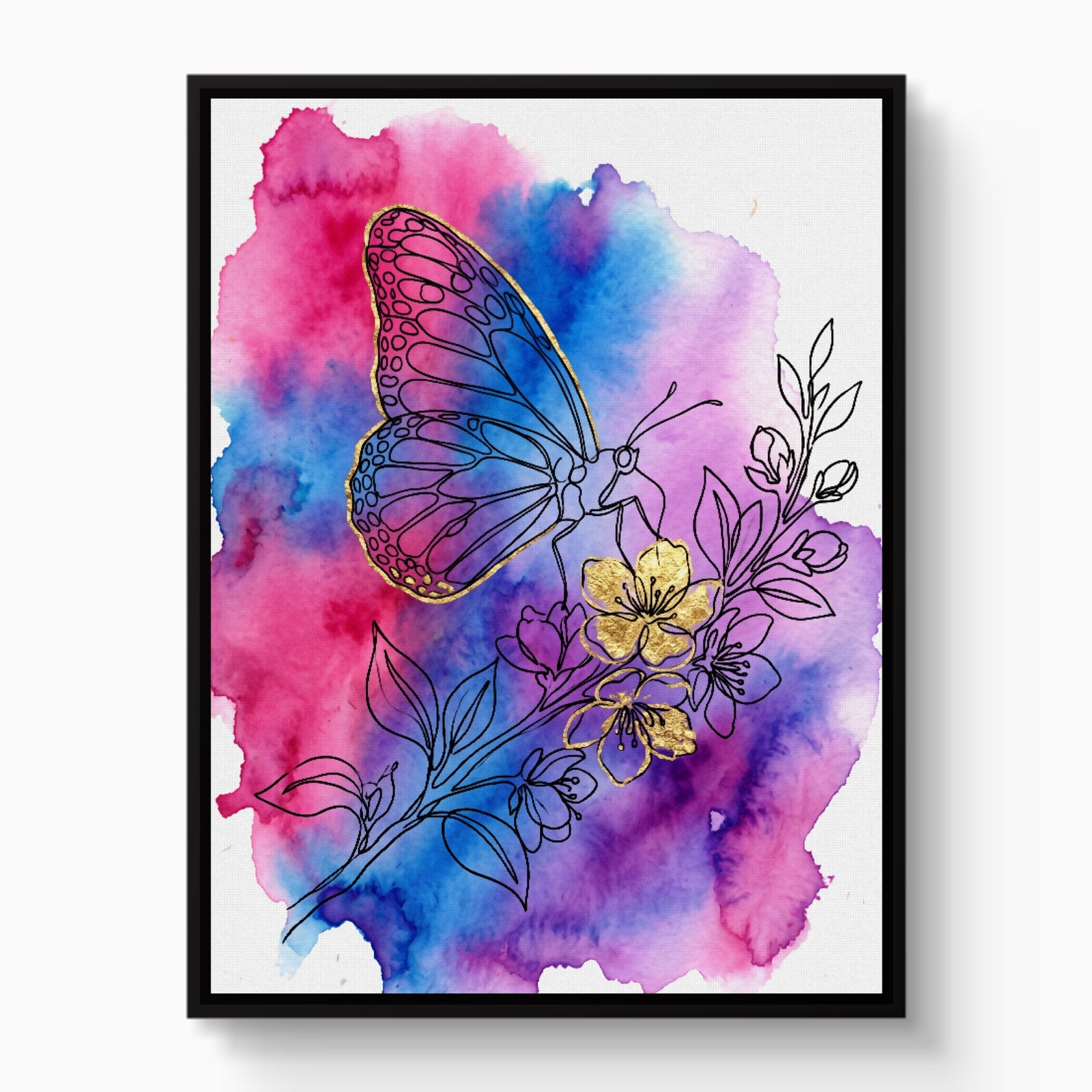Golden Butterfly Blossoms — golden butterfly blossoms white studio framed black
