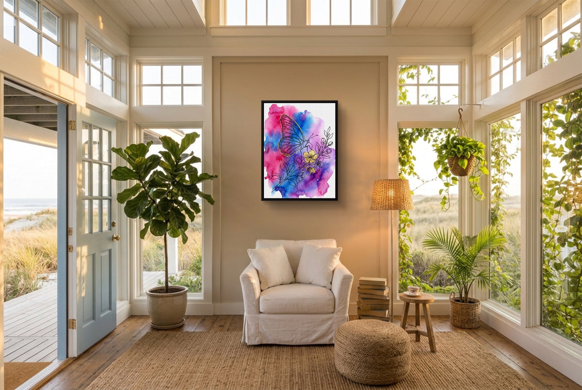 Golden Butterfly Blossoms — golden butterfly blossoms living room with plants 1port framed black