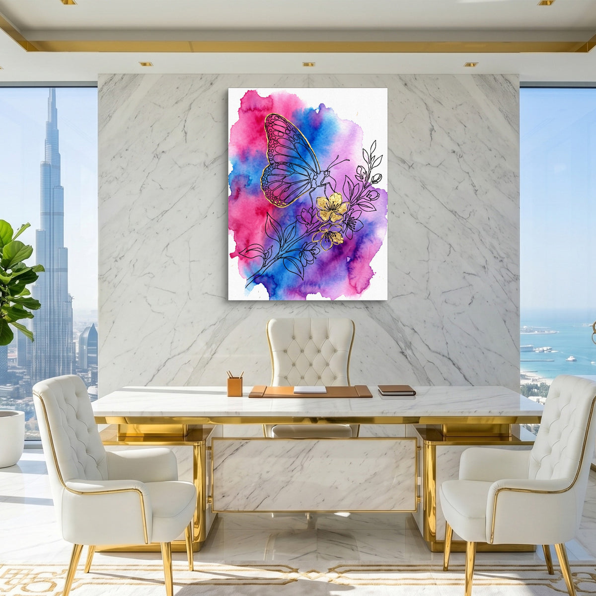 Golden Butterfly Blossoms — golden butterfly blossoms sq king lux 1port flush print