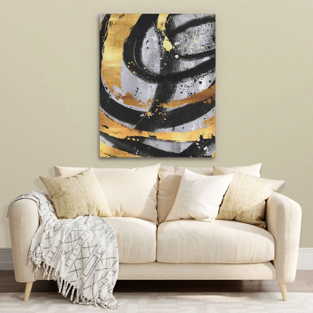 Golden Circles Abstract - Black Wall Art for Living Room