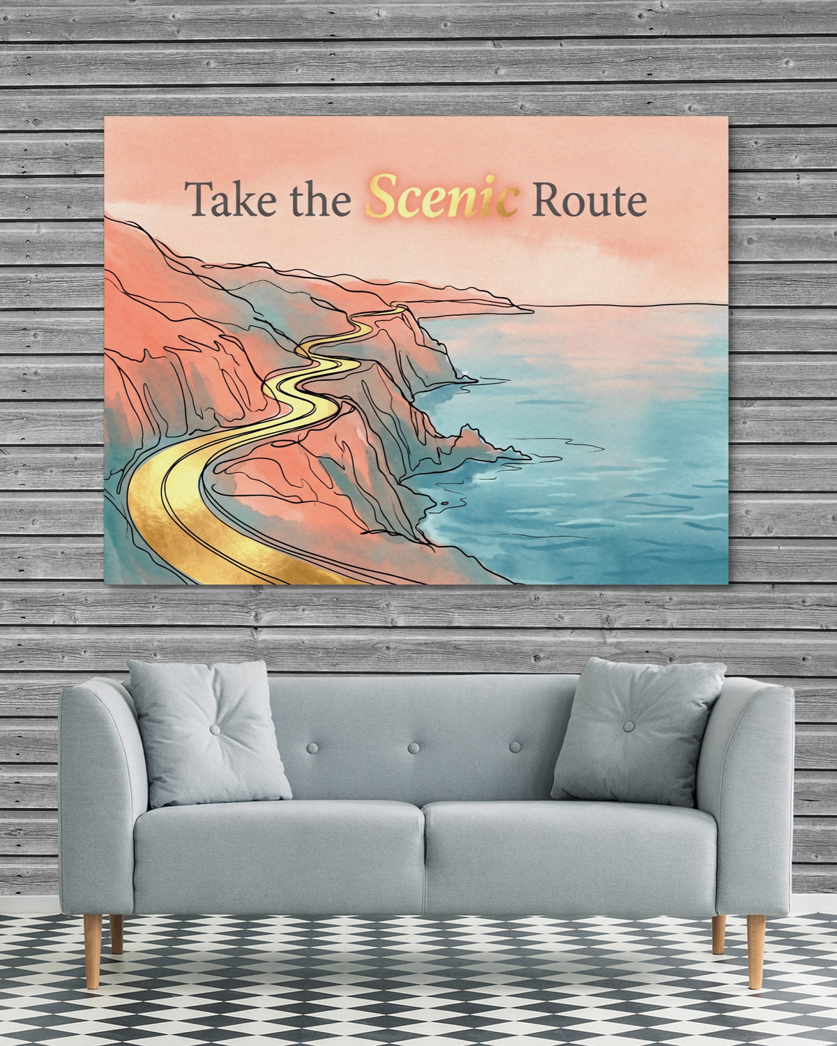 Golden Coastal Road — golden coastal road psd grey wood checkers couch 1land flush print