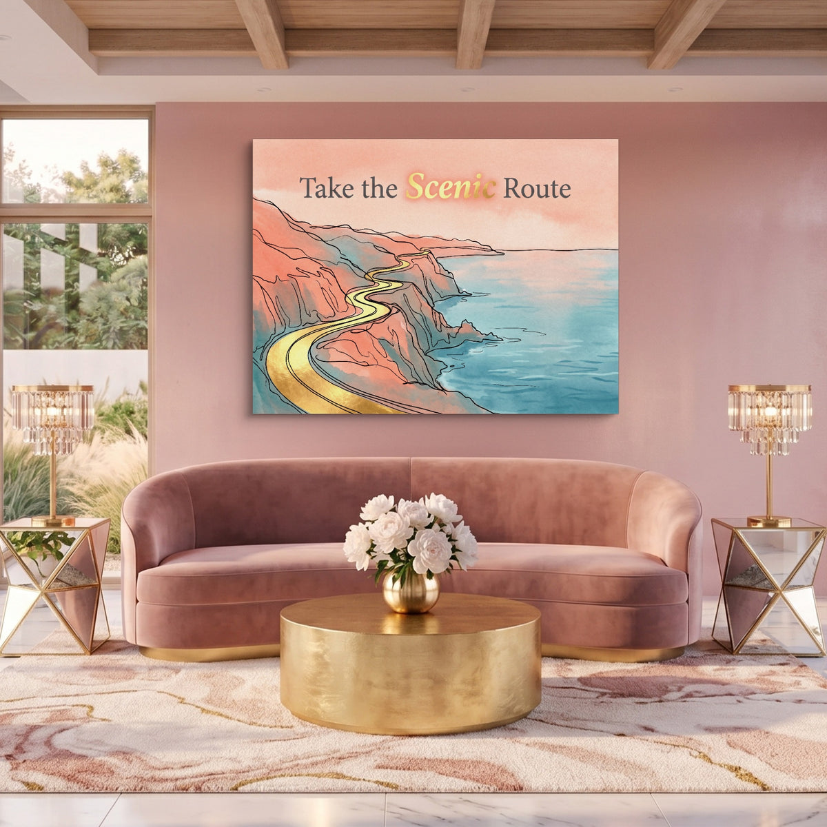 Golden Coastal Road — golden coastal road sq pink pleasure 1land flush print