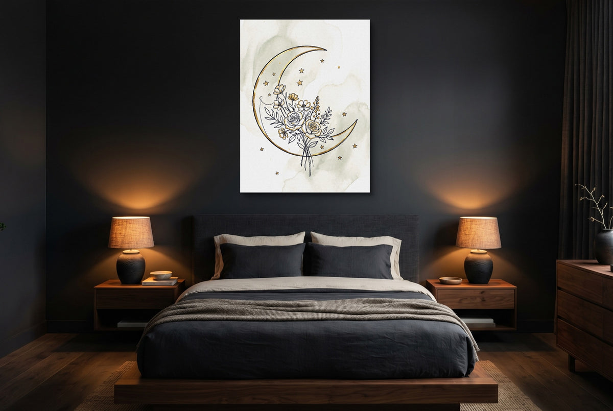 Golden Crescent Bloom — golden crescent bloom bedroom with dark walls 1port flush print