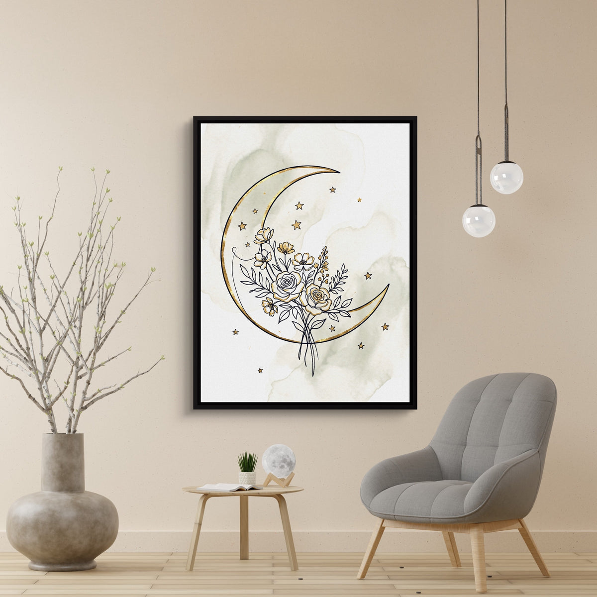 Golden Crescent Bloom — golden crescent bloom sq beige wall 1port framed black