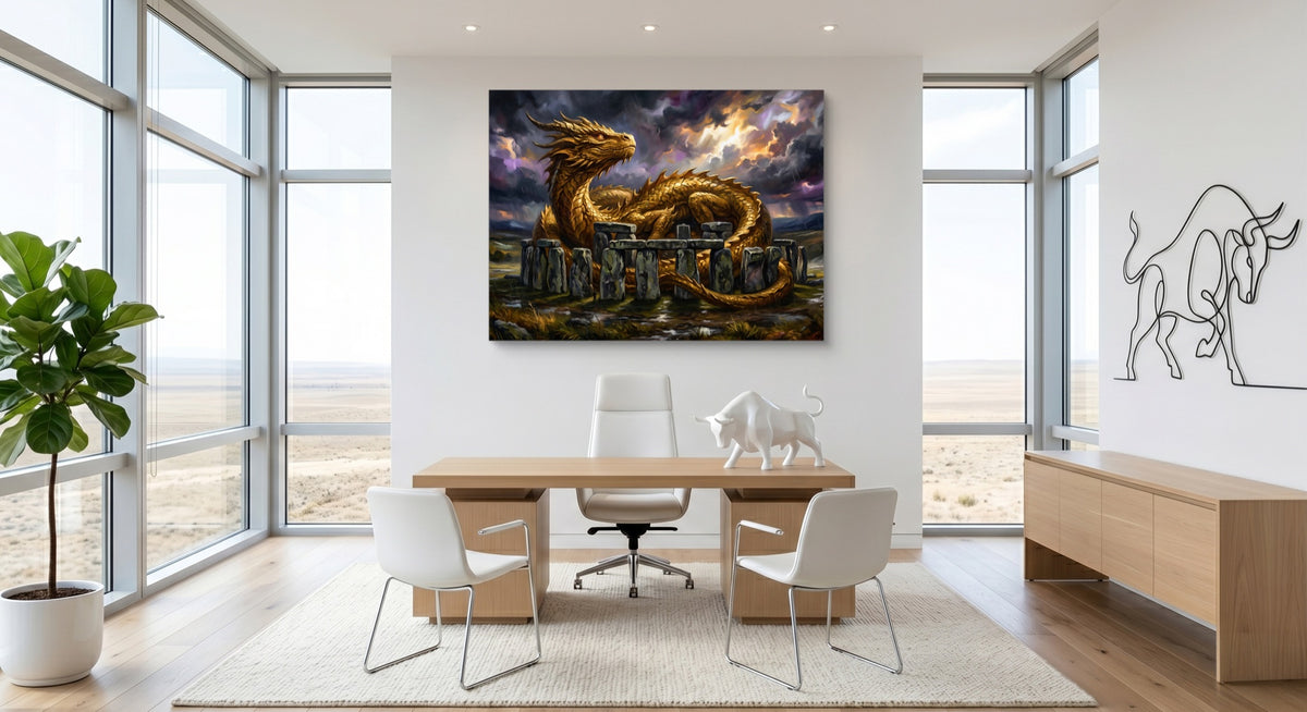 Golden Dragon Stonehenge — golden dragon stonehenge office space with furniture 1land flush print