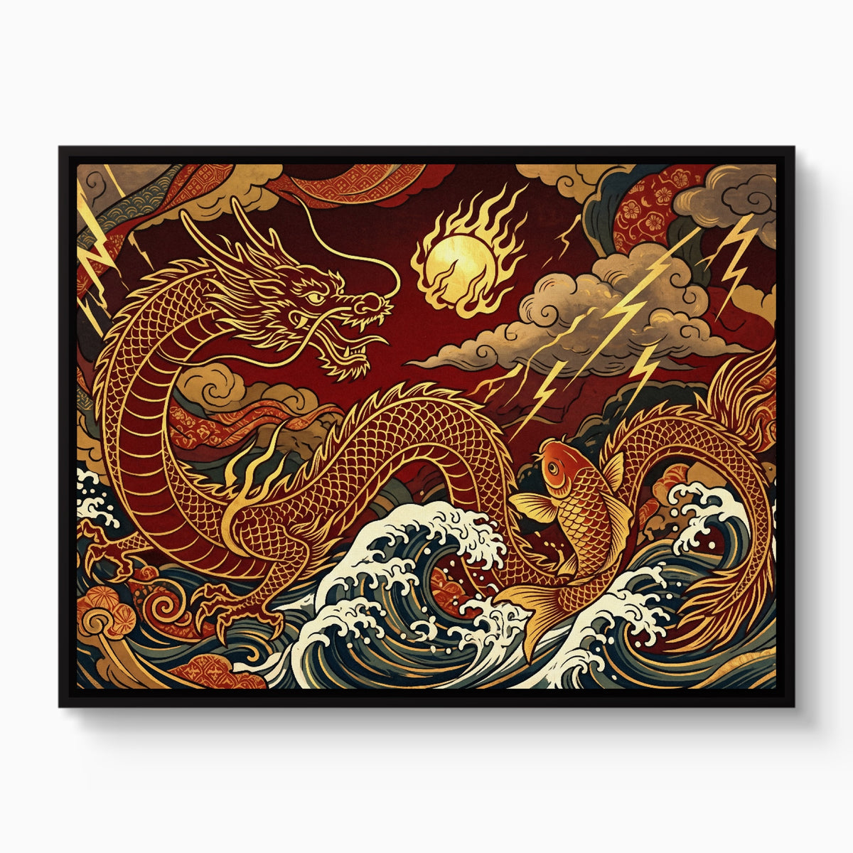 Golden Dragon Waves — golden dragon waves white studio framed black