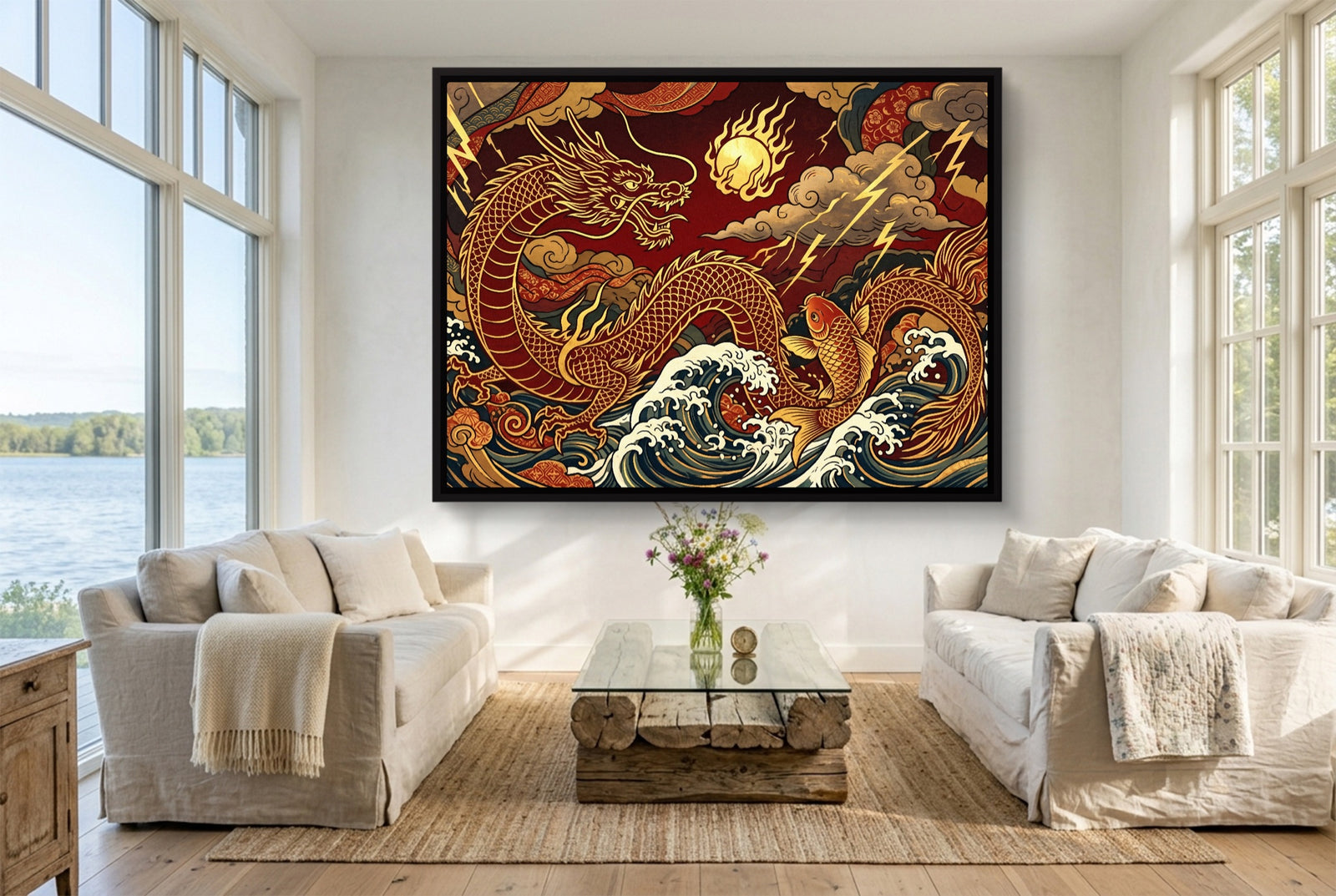 Golden Dragon Waves — golden dragon waves white studio framed black