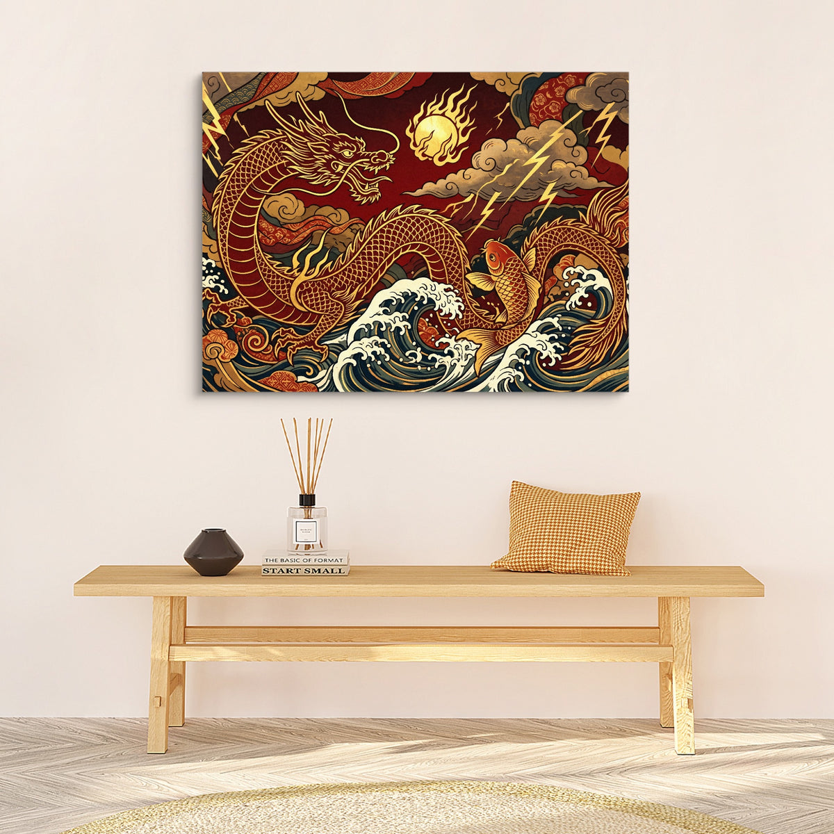Golden Dragon Waves — golden dragon waves sq hallway bench white wall 1land flush print