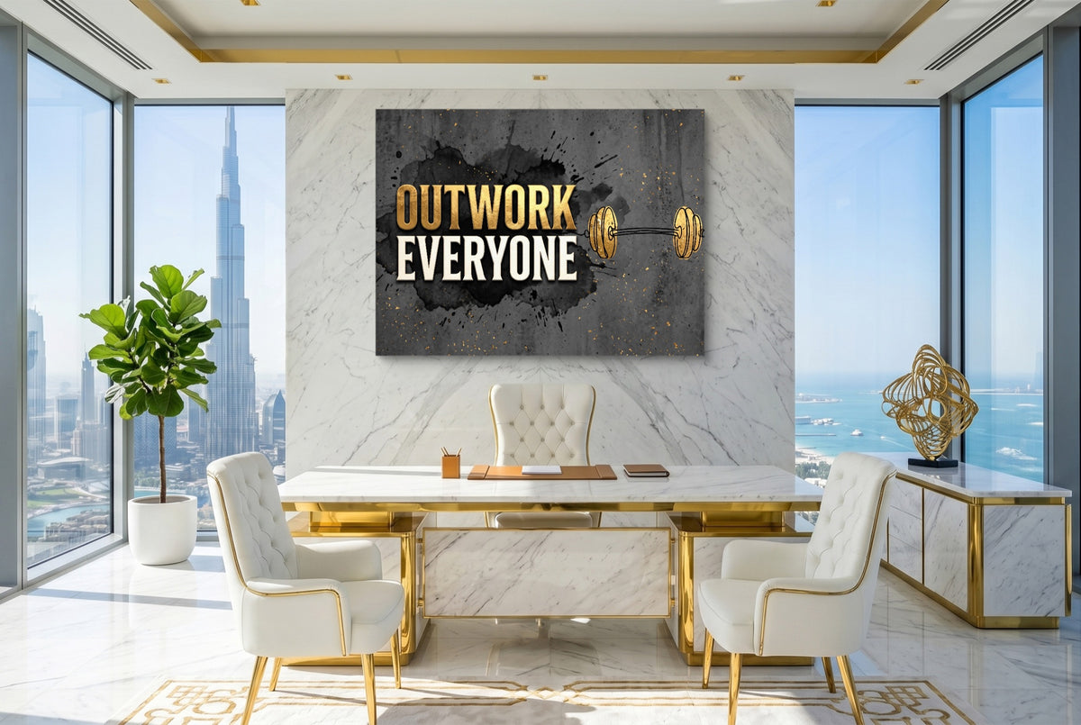 Golden Dumbbell Motivation — golden dumbbell motivation office with city view 2 1land flush print