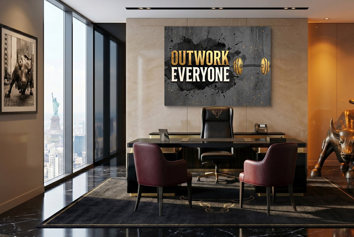 Golden Dumbbell Motivation — golden dumbbell motivation office with desk and chairs 2 1land flush print