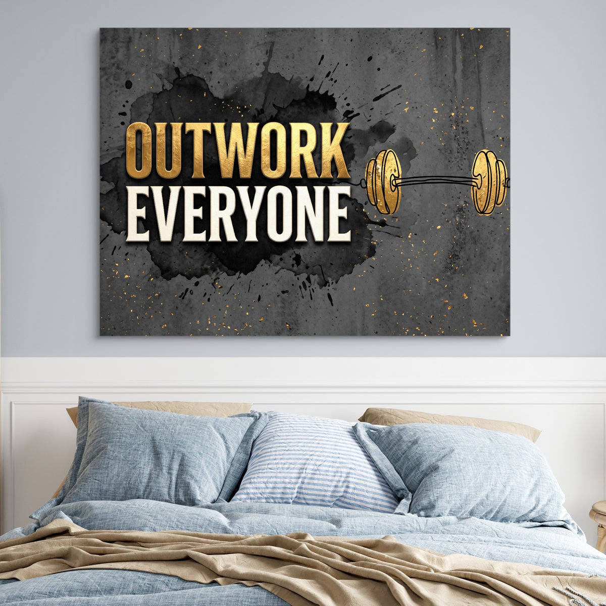 Golden Dumbbell Motivation — golden dumbbell motivation sq blue bedroom 1land flush print