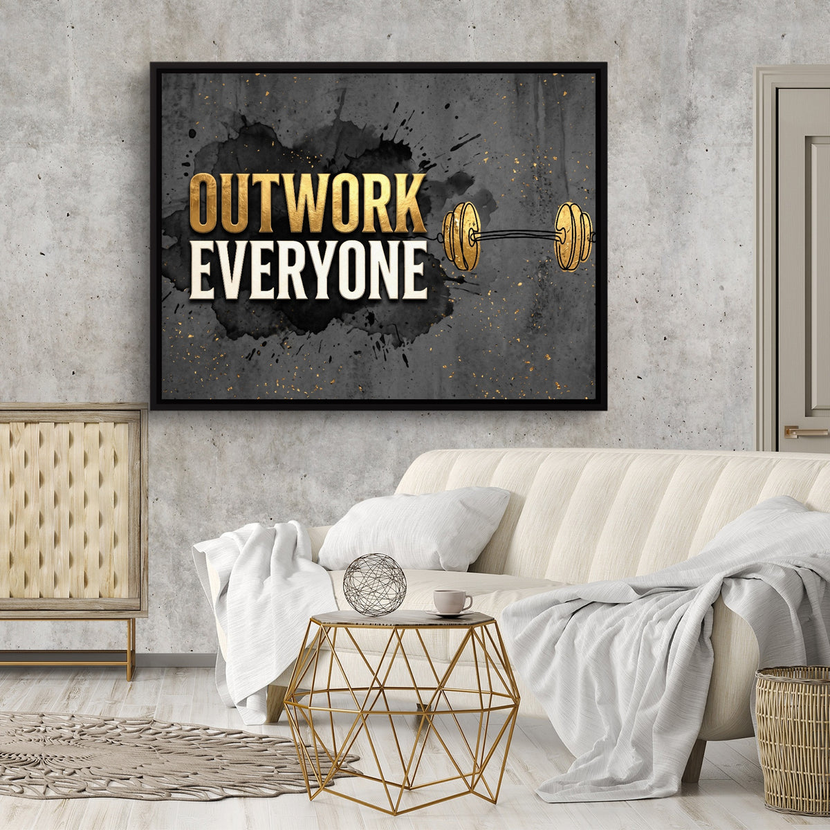 Golden Dumbbell Motivation — golden dumbbell motivation sq cement wall luxury room 1land framed black