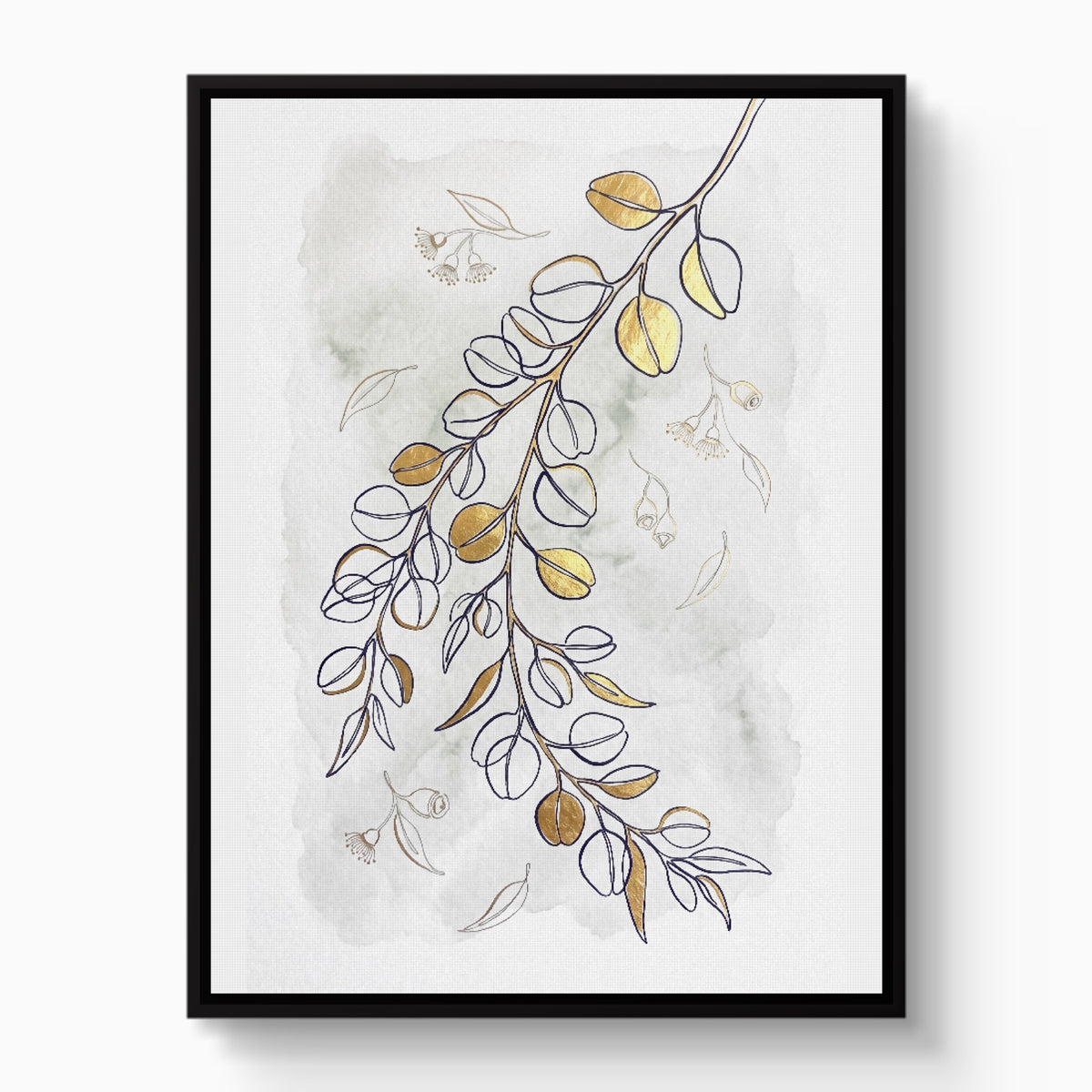 Golden Eucalyptus Branch — golden eucalyptus branch white studio framed black