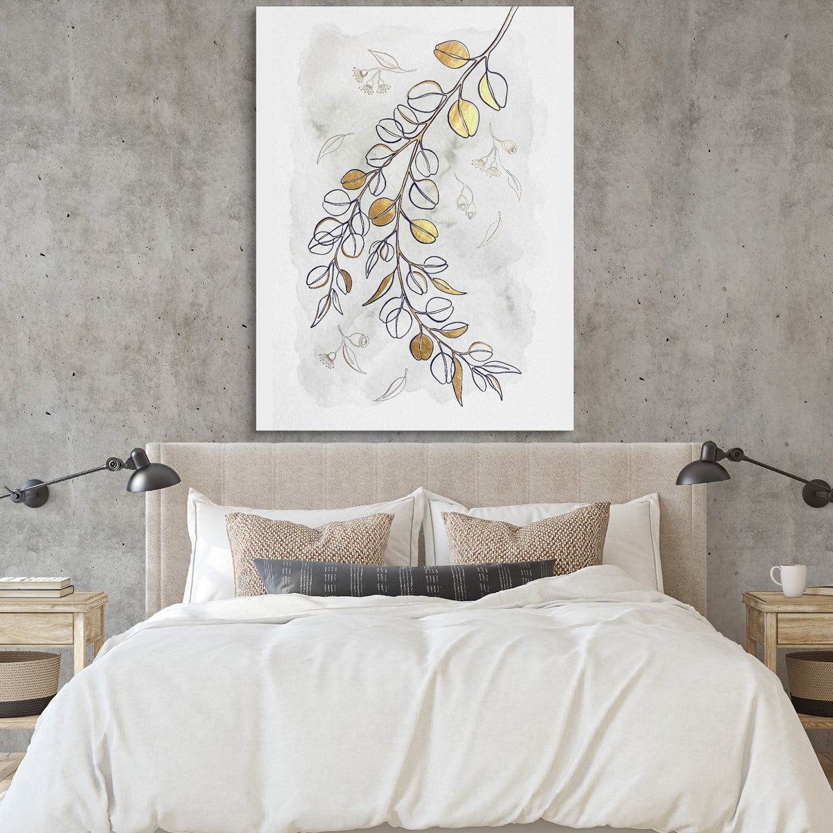 Golden Eucalyptus Branch — golden eucalyptus branch sq bedroom cement wall 1port flush print