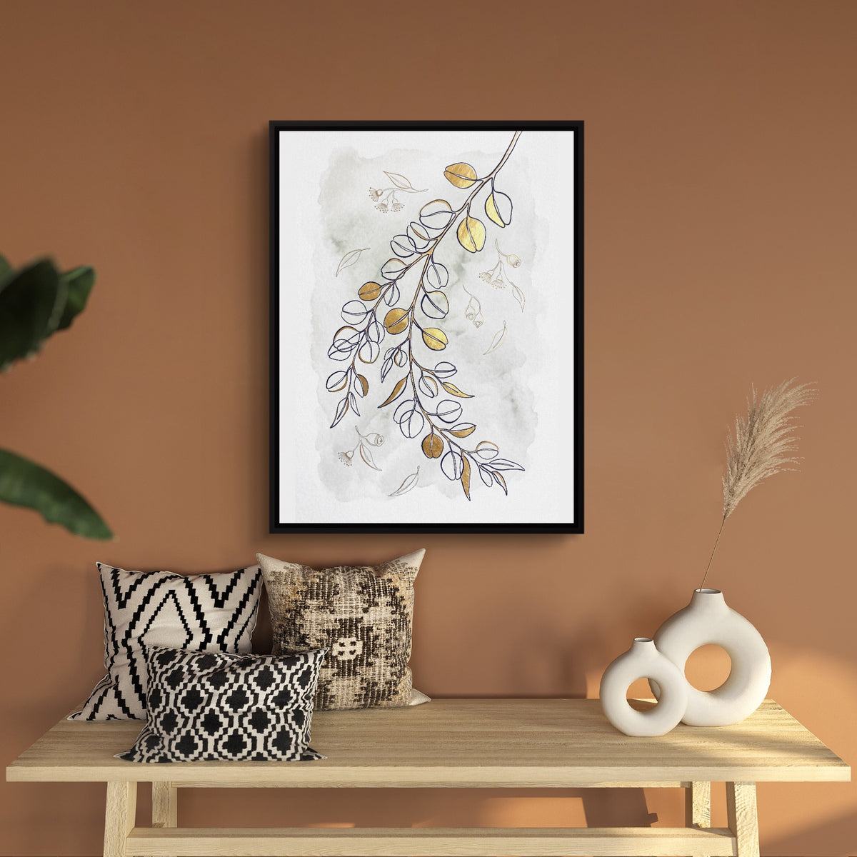 Golden Eucalyptus Branch — golden eucalyptus branch sq bench wall 1port framed black