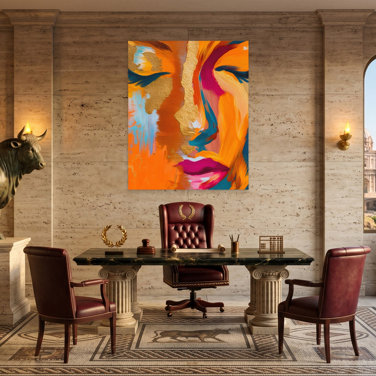 Golden Face Abstraction canvas wall art, room view