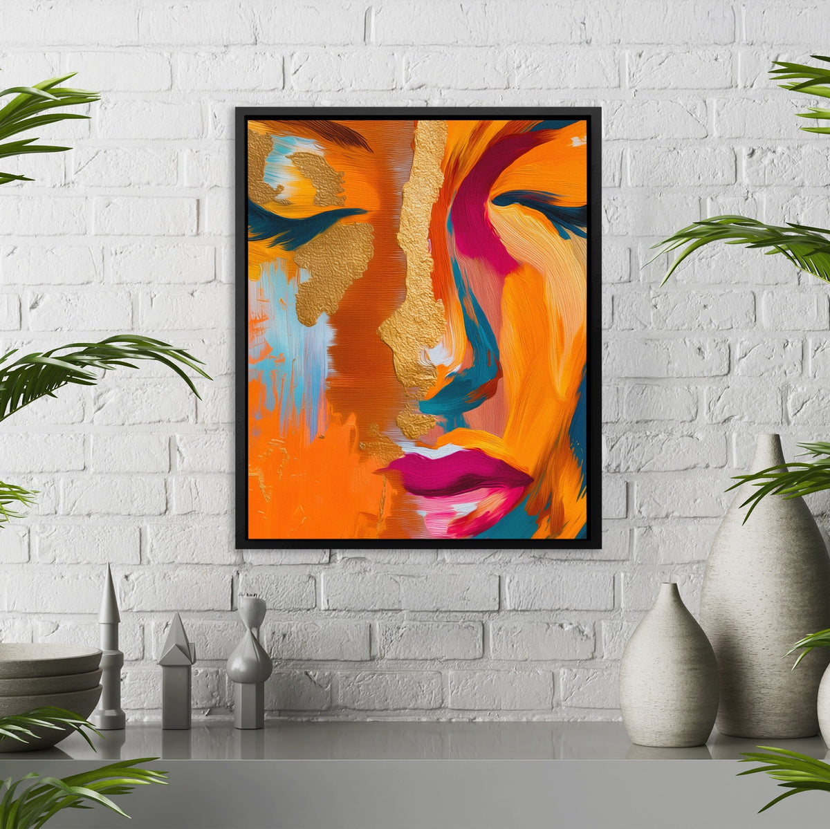 Golden Face Abstraction canvas wall art, room view