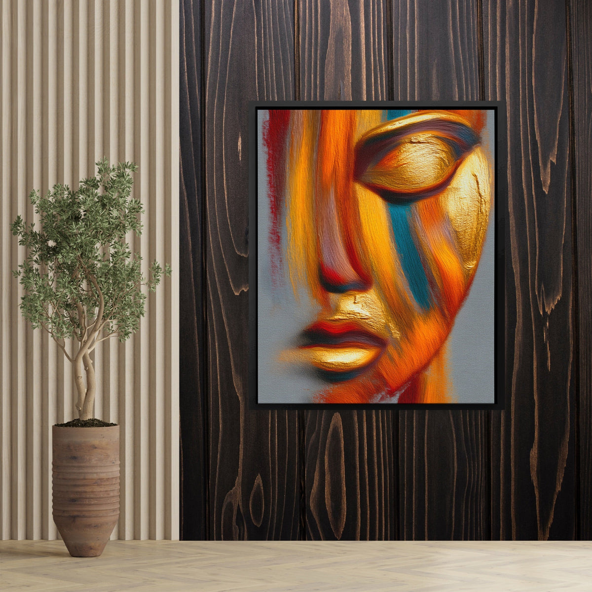 Golden Face Calligraphy canvas wall art, room view