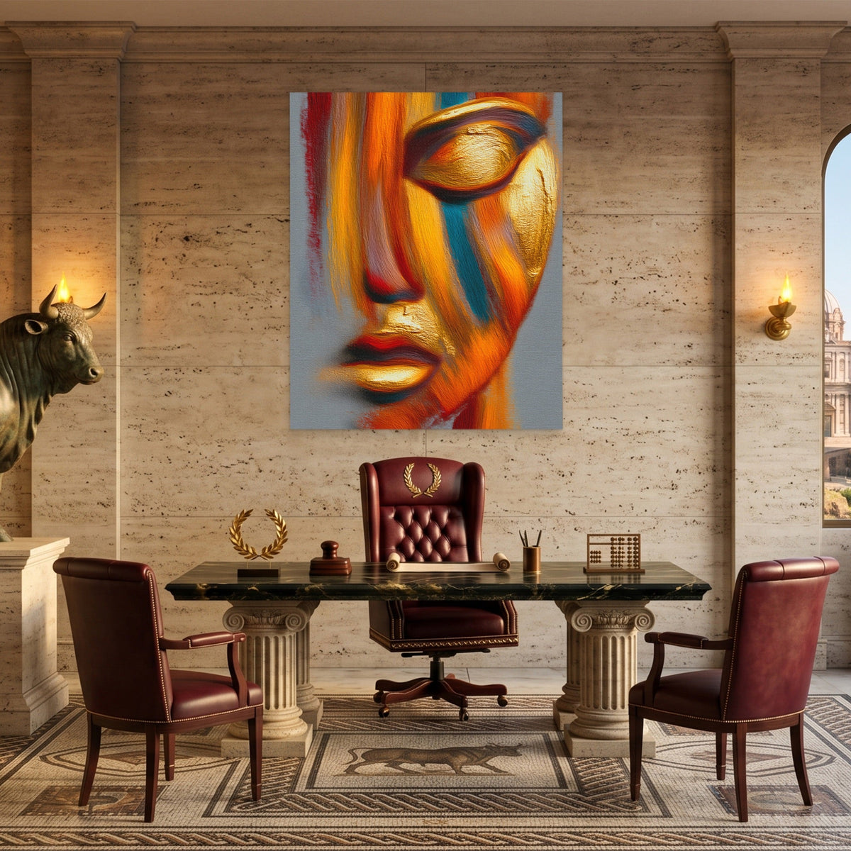 Golden Face Calligraphy canvas wall art, room view