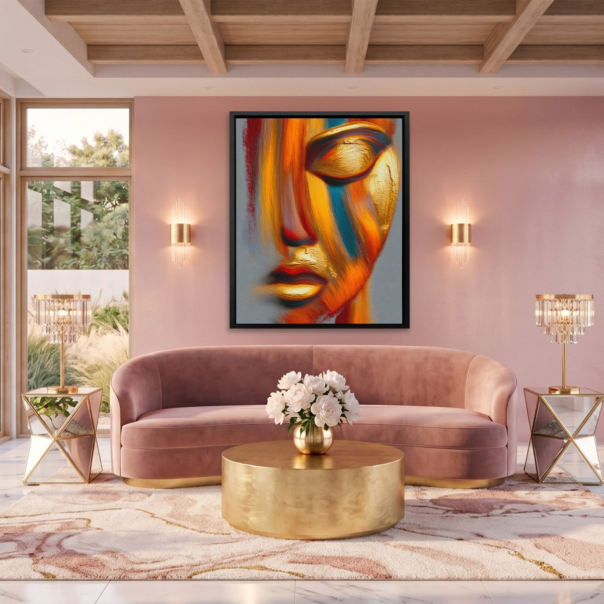 Golden Face Calligraphy canvas wall art, room view