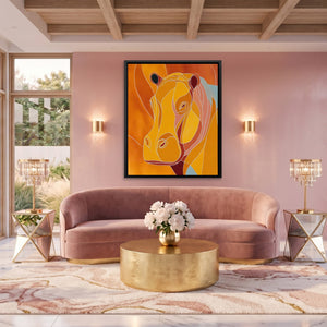 Golden Hippo Doodle canvas wall art, room view