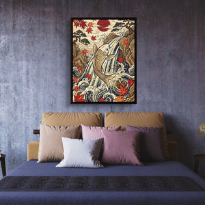 Golden Koi Waterfall — golden koi waterfall sq purple room 1port framed black
