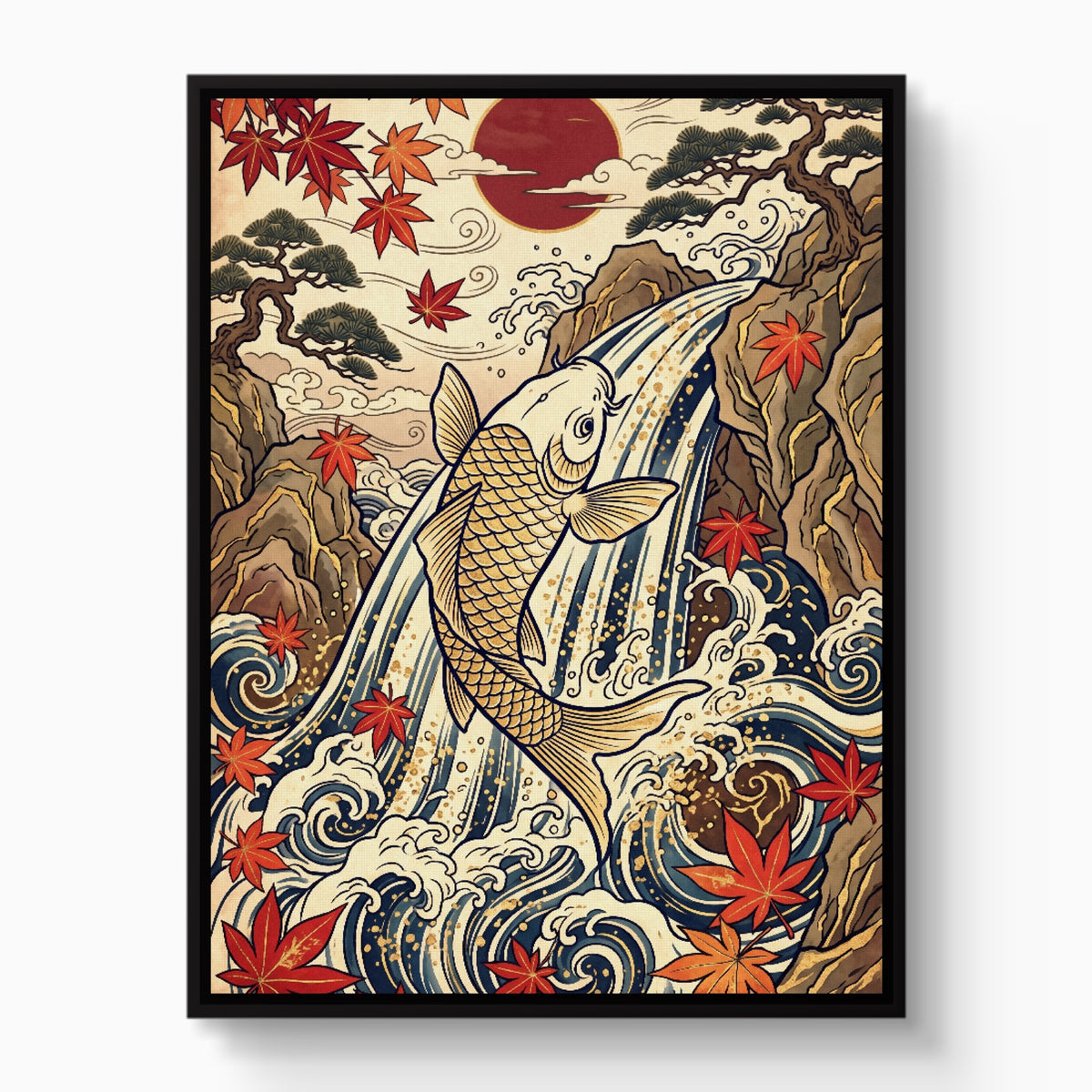 Golden Koi Waterfall — golden koi waterfall white studio framed black