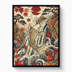 Golden Koi Waterfall — golden koi waterfall white studio framed black