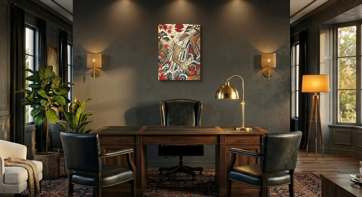 Golden Koi Waterfall — golden koi waterfall office interior with desk 1port flush print