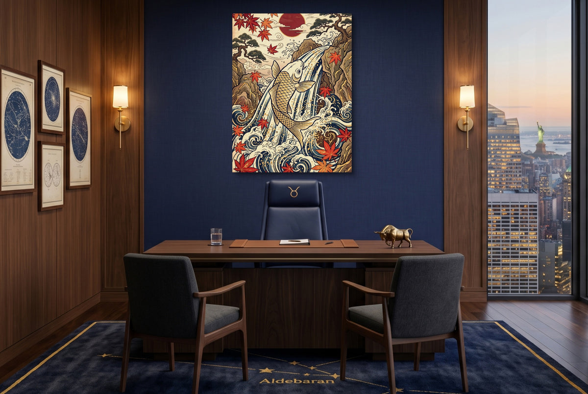 Golden Koi Waterfall — golden koi waterfall office with city view 1port flush print