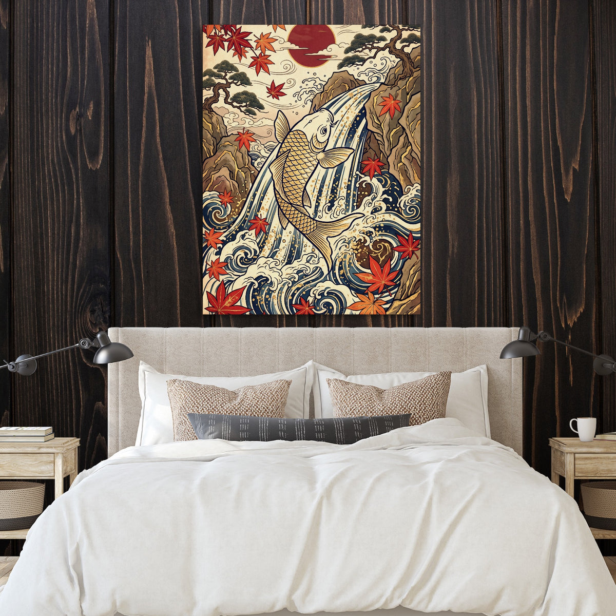 Golden Koi Waterfall — golden koi waterfall sq bedroom with wood walls 1port flush print