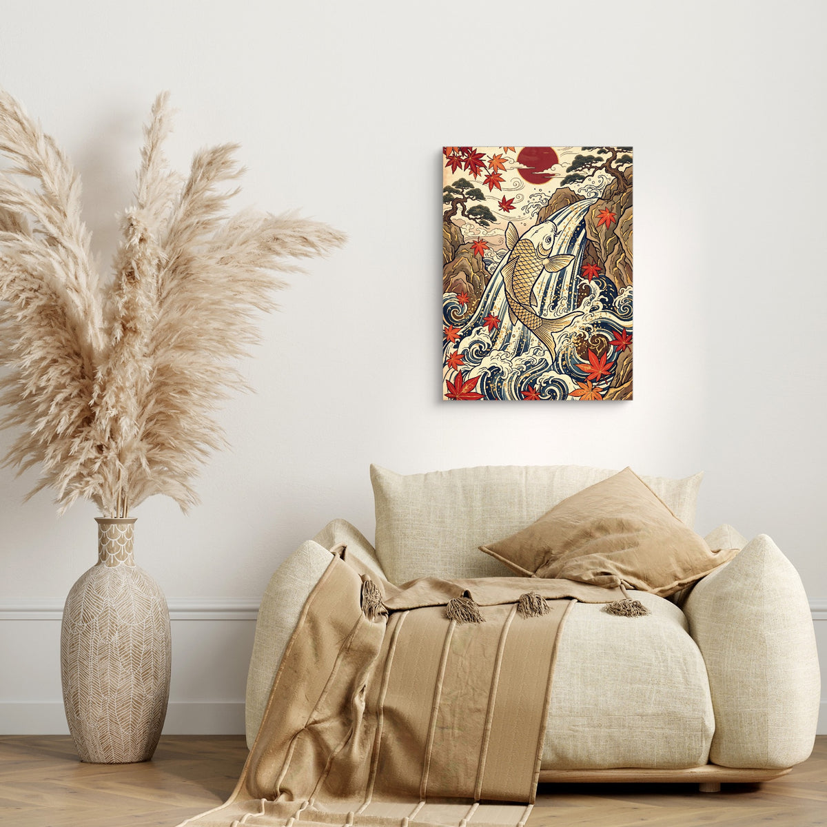 Golden Koi Waterfall — golden koi waterfall sq beige couch 1port flush print