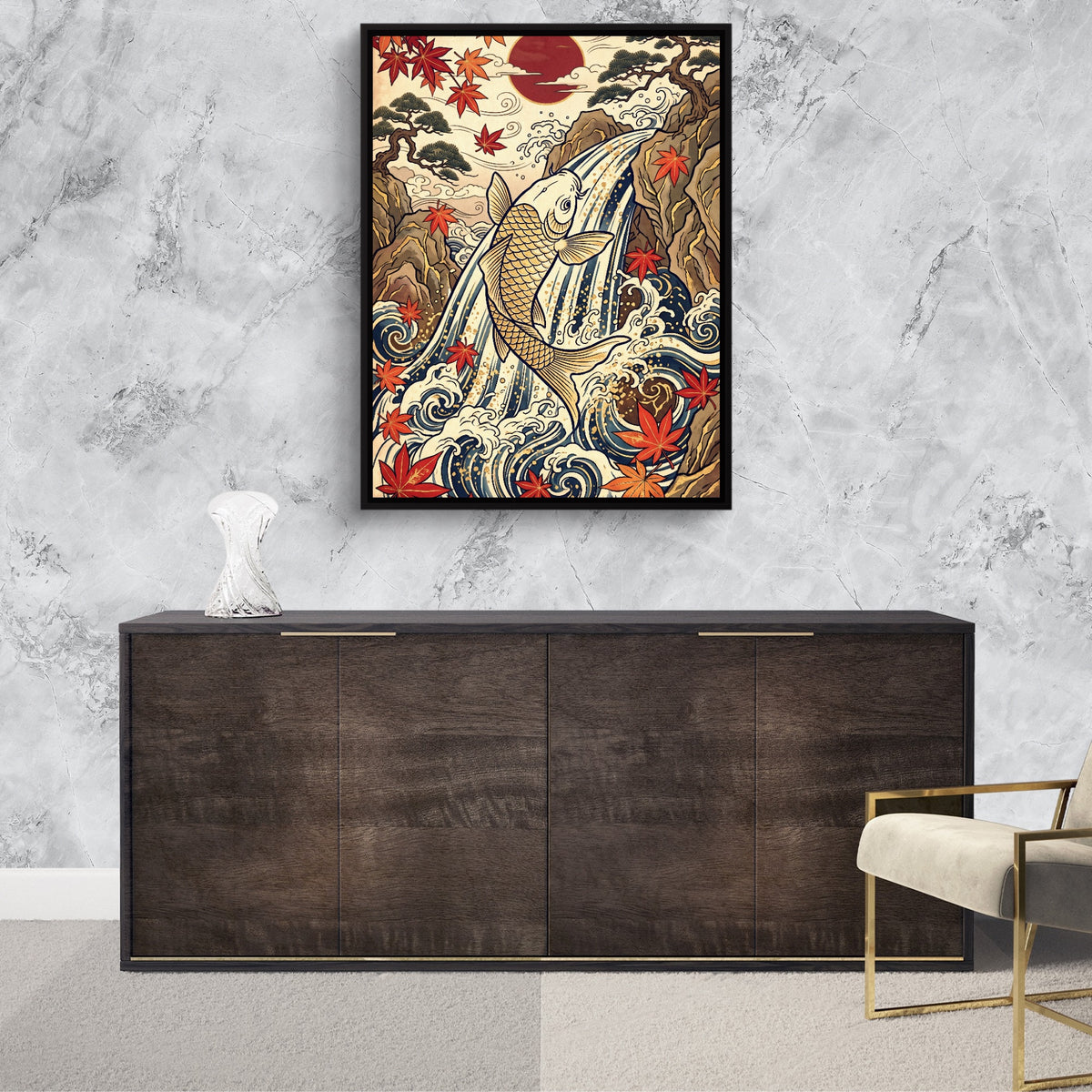 Golden Koi Waterfall — golden koi waterfall sq luxurious room granite wall 1port framed black