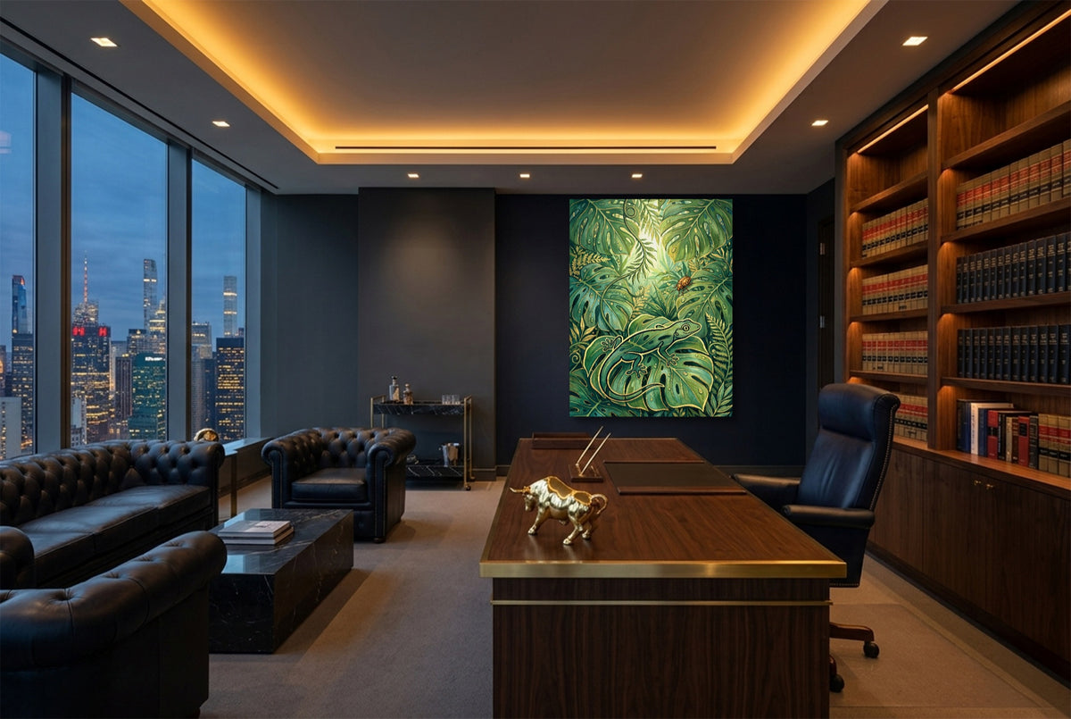 Golden Lizard Jungle — golden lizard jungle office with city view 4 1port flush print