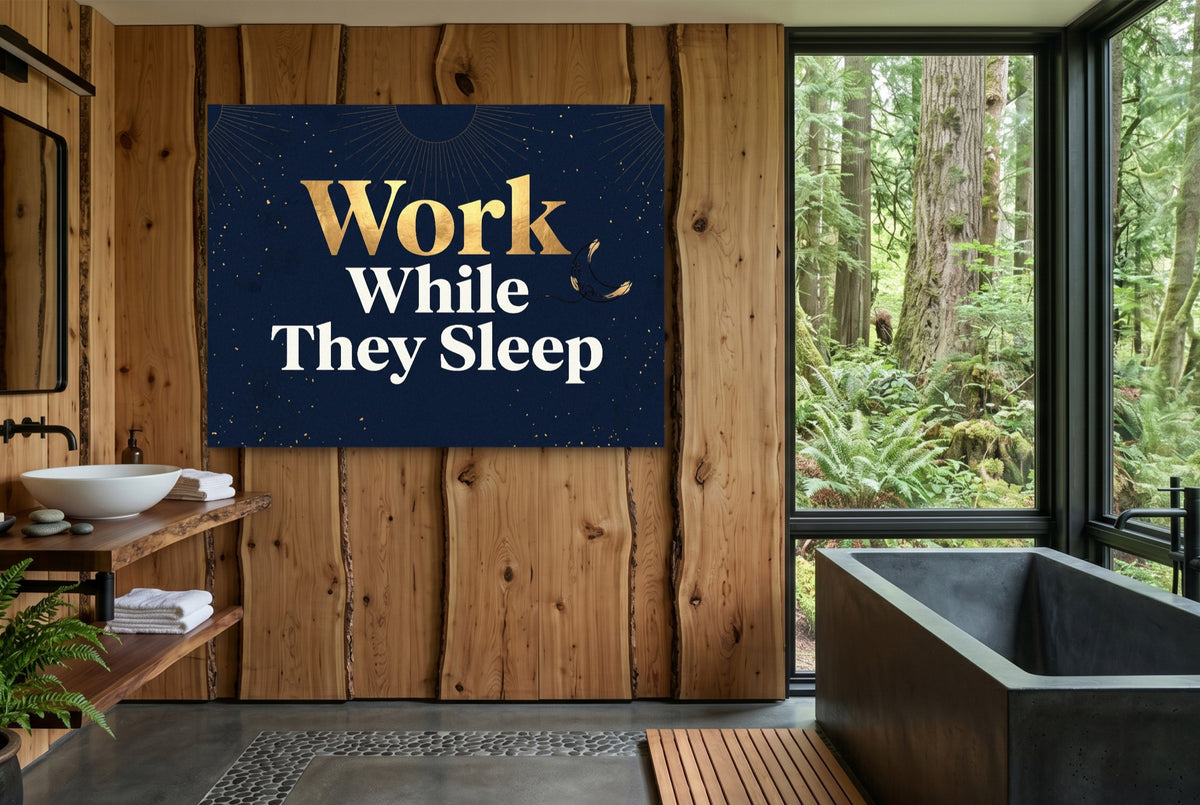 Golden Night Work — golden night work wooden bathroom with window 1land flush print