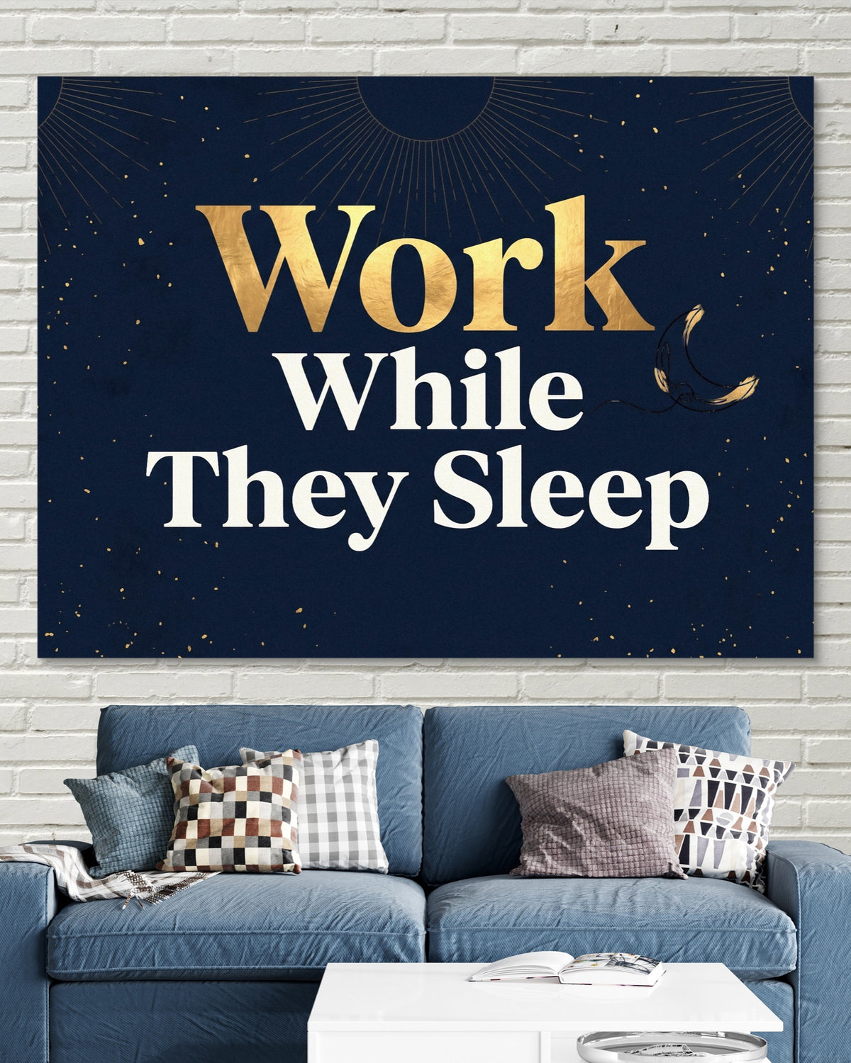 Golden Night Work — golden night work psd white bricks blue couch 1land flush print
